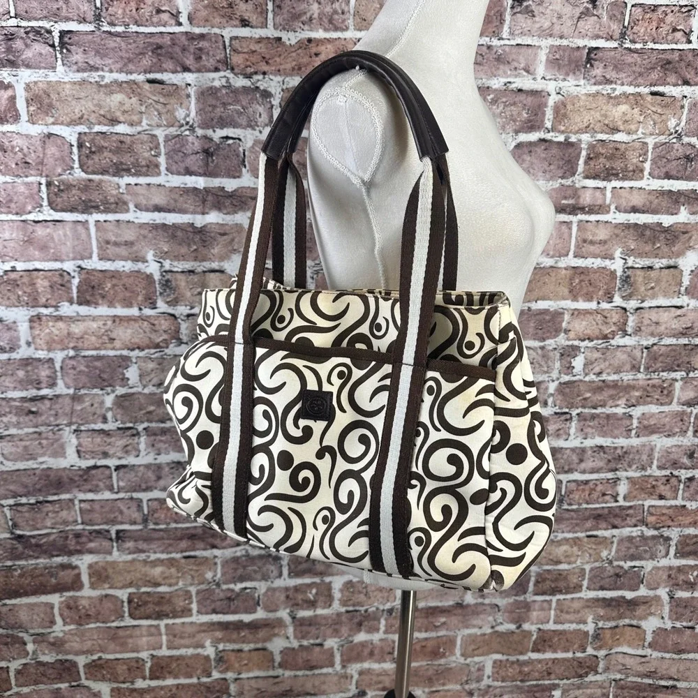 Pomegranate Inc Tote Bag Brown‎ Swirl Print Leather Handle Purse Women Pre-Owned